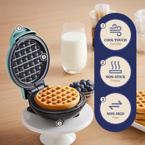 Elite Gourmet Mini Waffle Maker - 4.5-Inch Nonstick Belgian Waffles | Compact Design, Easy to Clean, Mint