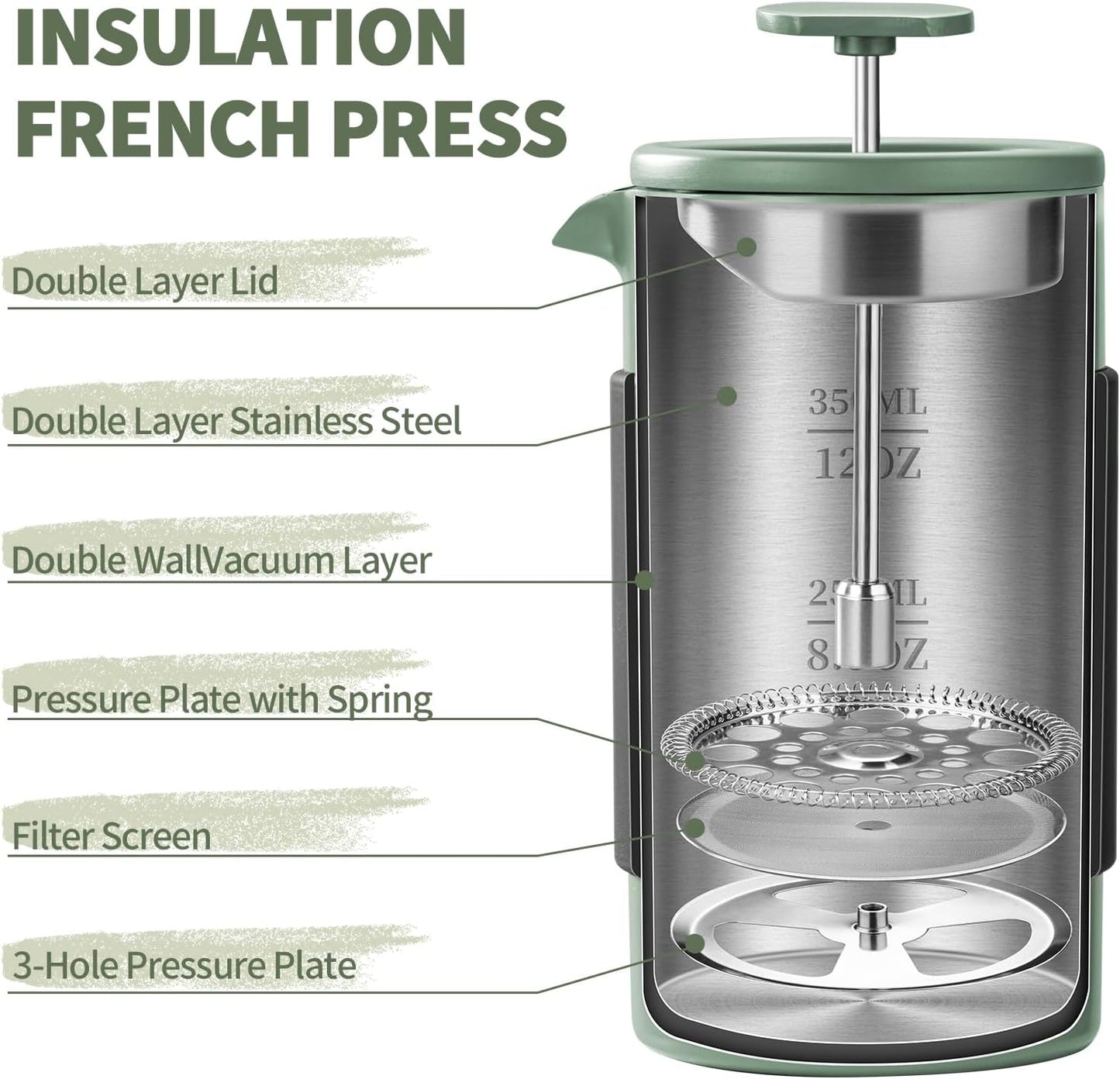 Skiennix French Press - 350ml Stainless Steel Coffee Maker | Portable 2-Cup Cafetiere for Ground Coffee
