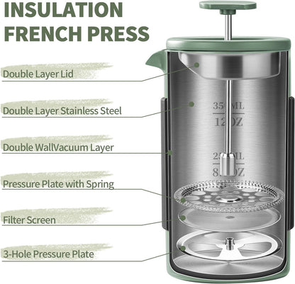 Skiennix French Press - 350ml Stainless Steel Coffee Maker | Portable 2-Cup Cafetiere for Ground Coffee