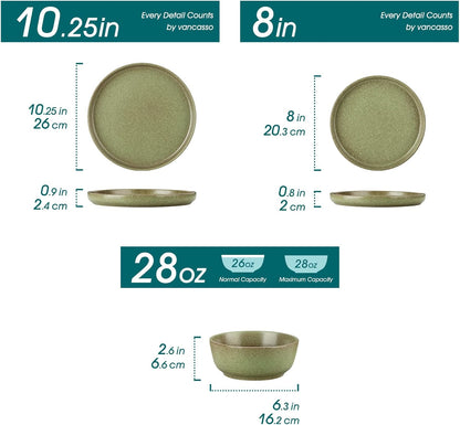 Vancasso ZERMATT Dinnerware Set - 24-Piece Stoneware Dish Set for 8 | Scratch Resistant, Dishwasher & Microwave Safe, Green
