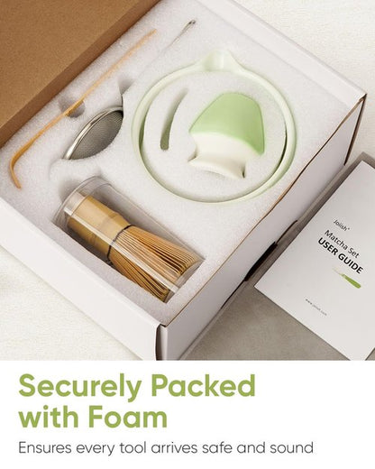 Joiish Matcha Kit Set, Ceramic Matcha Bowl with Spout & Holder, Bamboo Whisk, Sifter, Scoop, Traditional Japanese Matcha Tea Making Tools, Complete Gift Set 5-PC