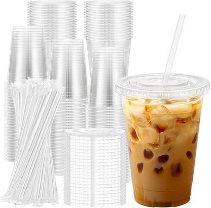 Lamosi 16 oz Clear Plastic Cups - 100 Pack with Lids & Straws for Iced Coffee & Smoothies