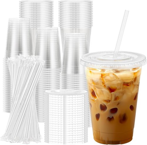 Lamosi 16 oz Clear Plastic Cups - 100 Pack with Lids & Straws for Iced Coffee & Smoothies