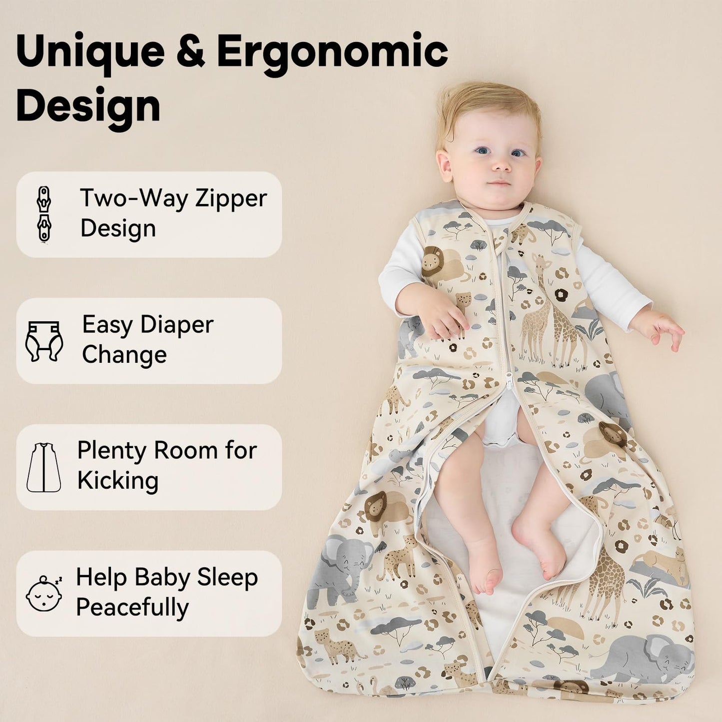 Unnivoll Baby Sleep Sack 6-12 Months 1.0 Tog Baby Wearable Blanket 100% Cotton Sleeping Sack with 2-Way Zipper for Infant Newborn Apricot & Gray Elephant