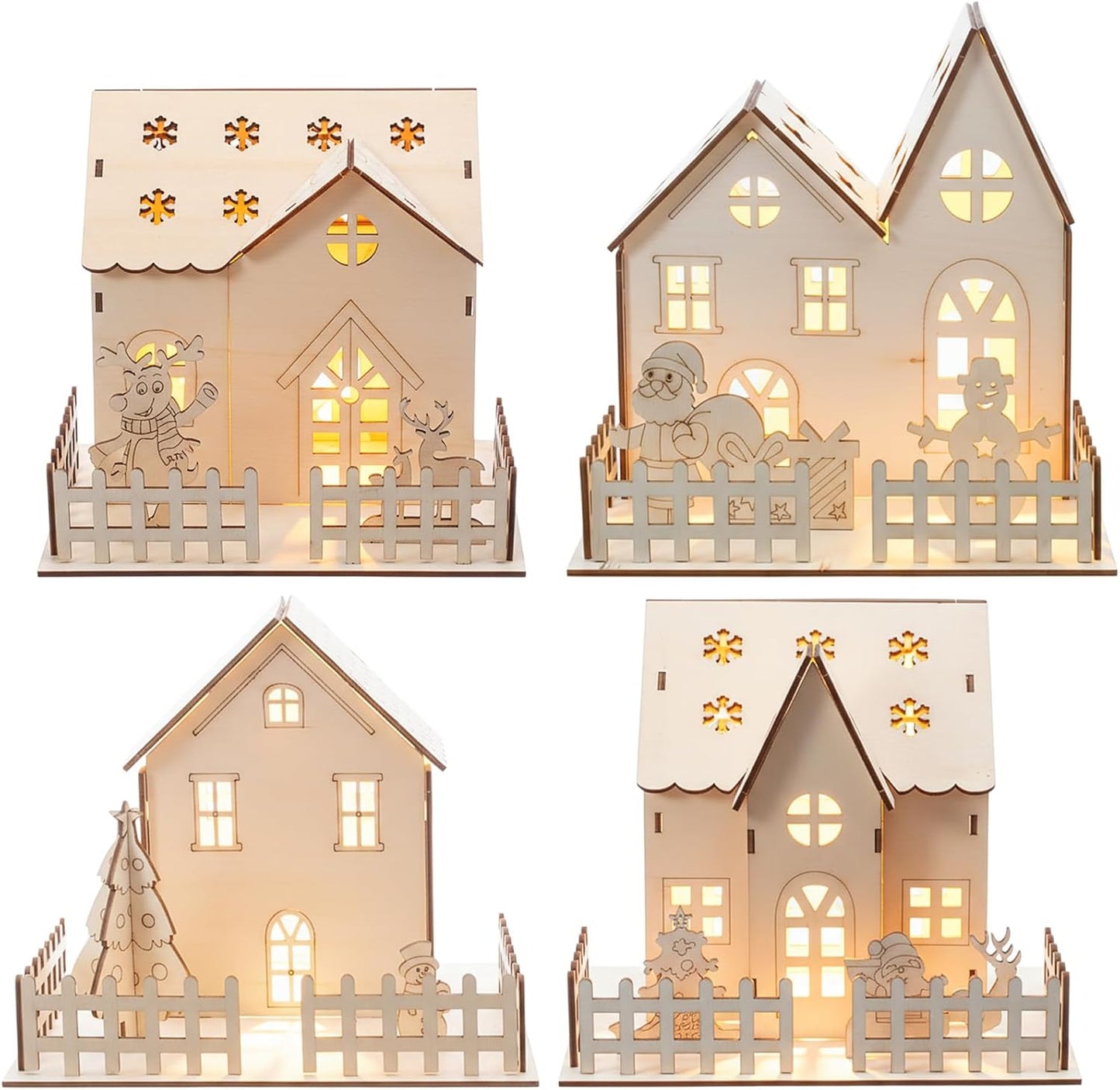 Qunclay Light Up Christmas Village Set - 4 Unfinished Wooden Houses for Holiday Crafts & Decorations