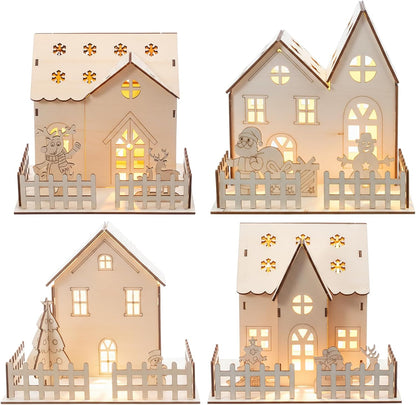 Qunclay Light Up Christmas Village Set - 4 Unfinished Wooden Houses for Holiday Crafts & Decorations