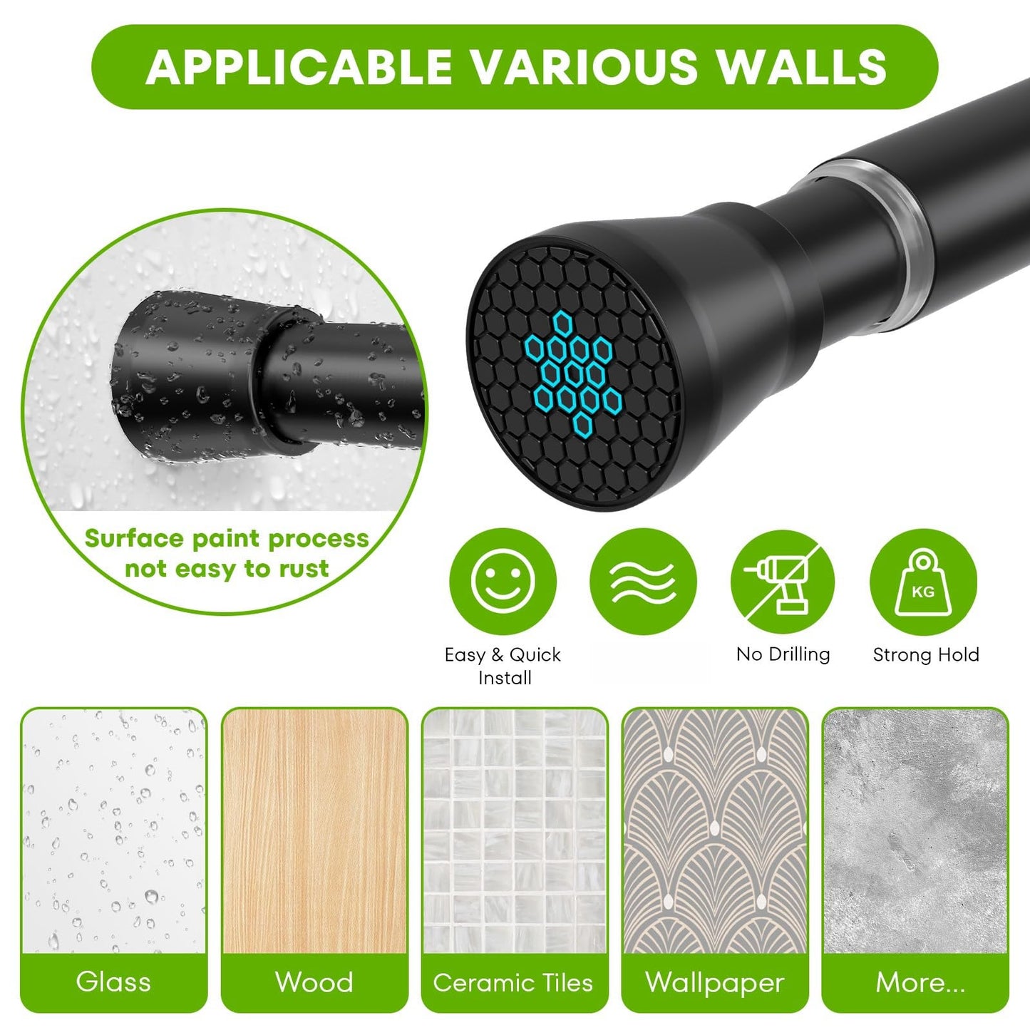 Tension Rods for Windows 28 to 48 Inch Black Curtain Rods no Drilling Tension Curtain Rod Adjustable Curtain Rods Expandable Pressure Spring Tension rod for Closet, Doorway