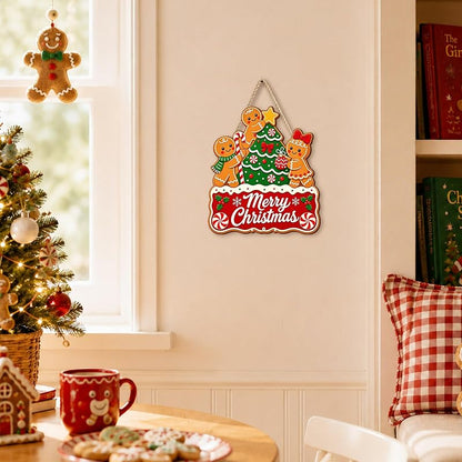 Colorful Merry Christmas Gingerbread Door Sign — 13.3 x 11.6 in Wooden Hanging Wreath