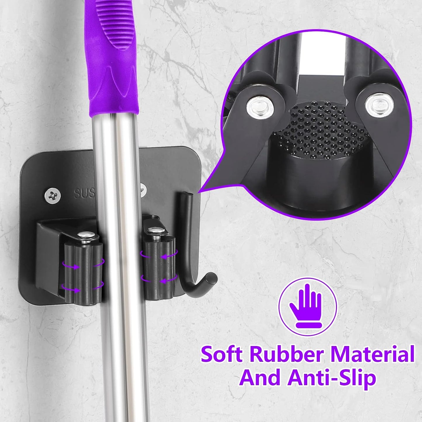 Stainless Steel Broom Holder - Heavy Duty, Rust Resistant with 4 Gripper Positions & Hooks | Black