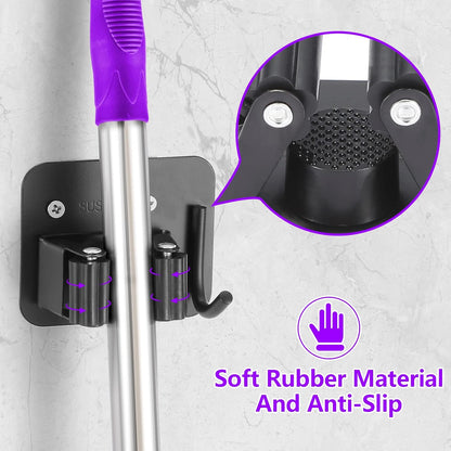 Stainless Steel Broom Holder - Heavy Duty, Rust Resistant with 4 Gripper Positions & Hooks | Black