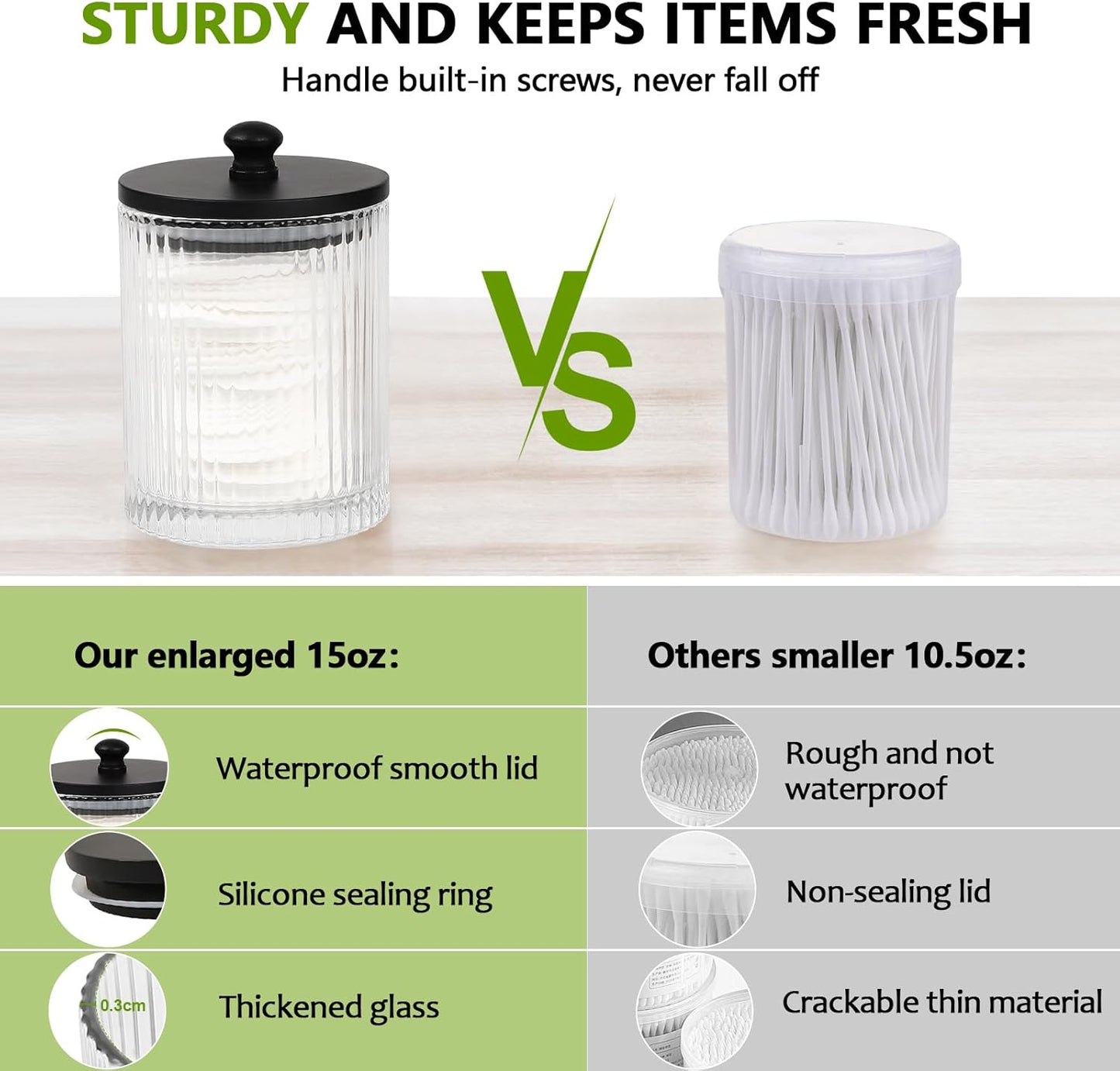 Skiennix 3-Pack Qtip Holder - Elegant Bathroom Organizers with Glass Apothecary Jars & Lids