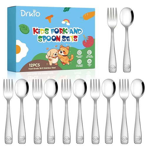 DRKIO Stainless Steel Toddler Utensils Set - 12 Pieces Kids Silverware Set Children Safe Food Grade Small Forks and Spoons Dishwasher Safe Mirror Polished