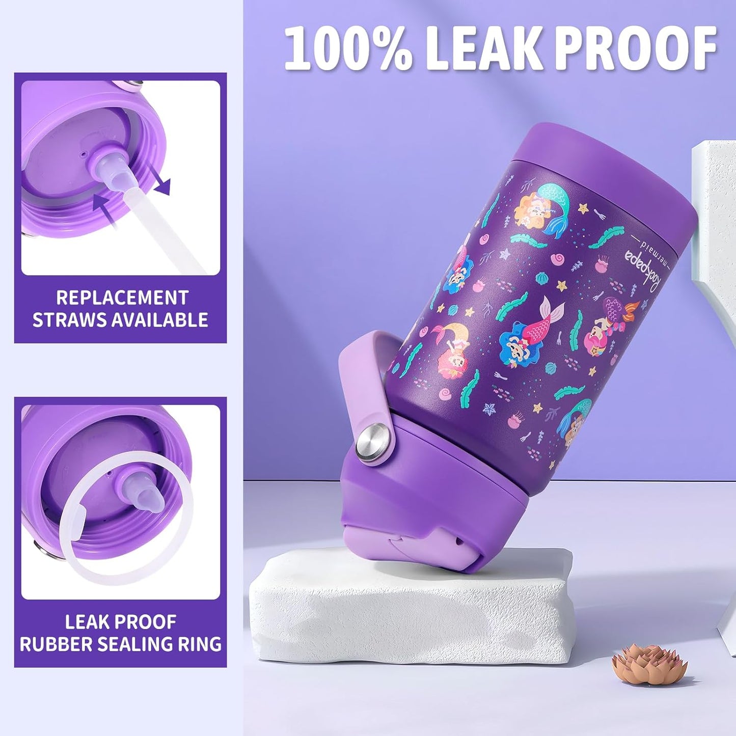 Rockpapa 14 oz Kids Insulated Water Bottle - BPA Free, Leak-Proof Design | Purple Mermaid