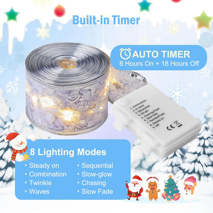 Minetom 33ft Christmas Tree Ribbon String Lights - 100 LED Battery Powered Fairy Lights with Timer