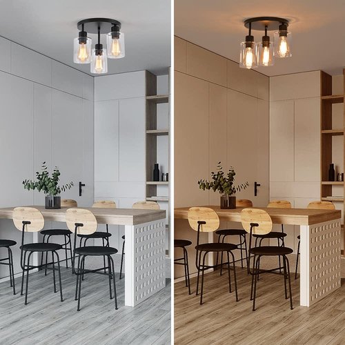 IHENGYANLT 3-Light Industrial Farmhouse Black Matte Light Fixtures Ceiling Mount, with Clear Glass Shades Semi Flush Mount Ceiling Light, for Hallway Fixtures Kitchen, Foyer