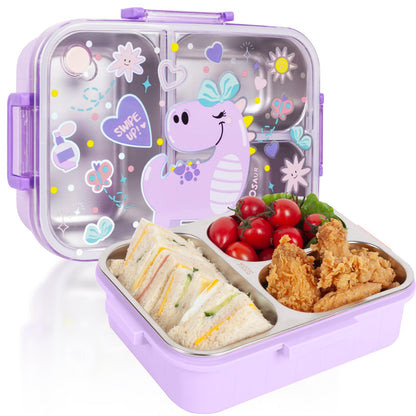 YOYTOO Stainless Steel Bento Lunch Box for Kids, 800ml/27oz BPA-Free Leak-Proof Children Food Containers with 3 Compartments, School Students Daycare Lunches/Snack Container