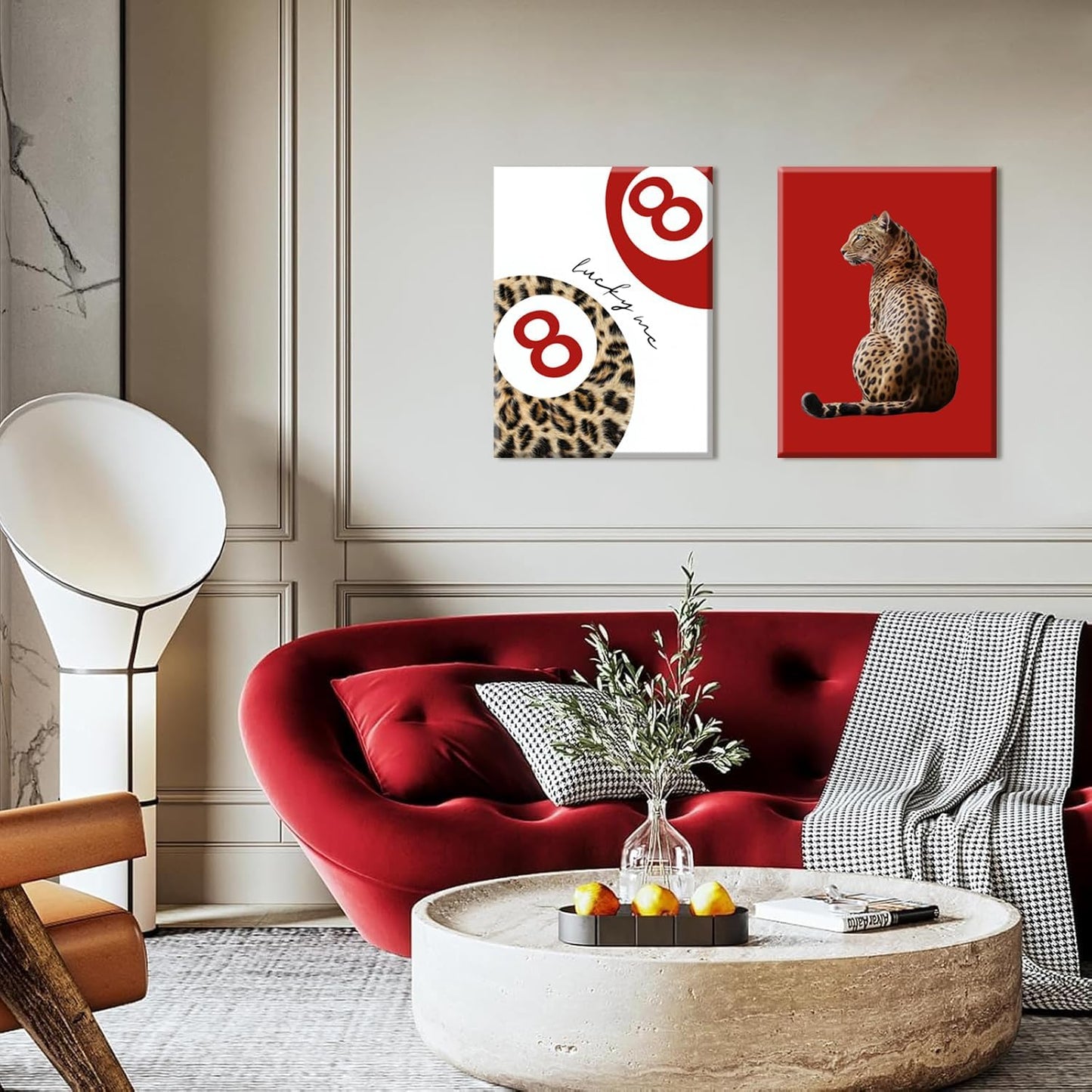 Skiennix Leopard Canvas Wall Art Set - Red Cheetah High Heel & Lucky You 8 Ball Prints | 16x24 Inch Framed Decor for Girls' Bedroom