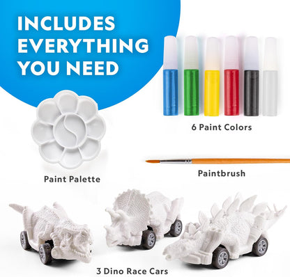 National Geographic Dinosaur Race Car Craft Kit - Paint 3 Dino Cars with 6 Colors | Fun Arts & Crafts for Kids
