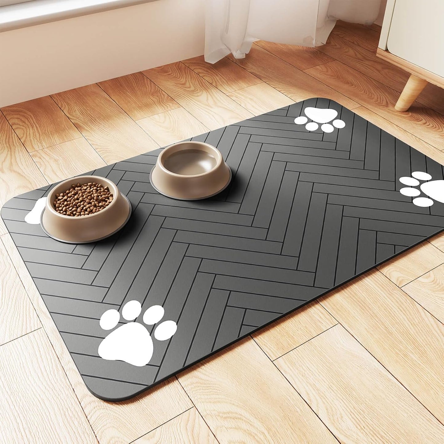 Skiennix Pet Feeding Mat - Absorbent Waterproof Placemat for Dogs & Cats | Quick Dry, 20"x12", Striped Dark Gray