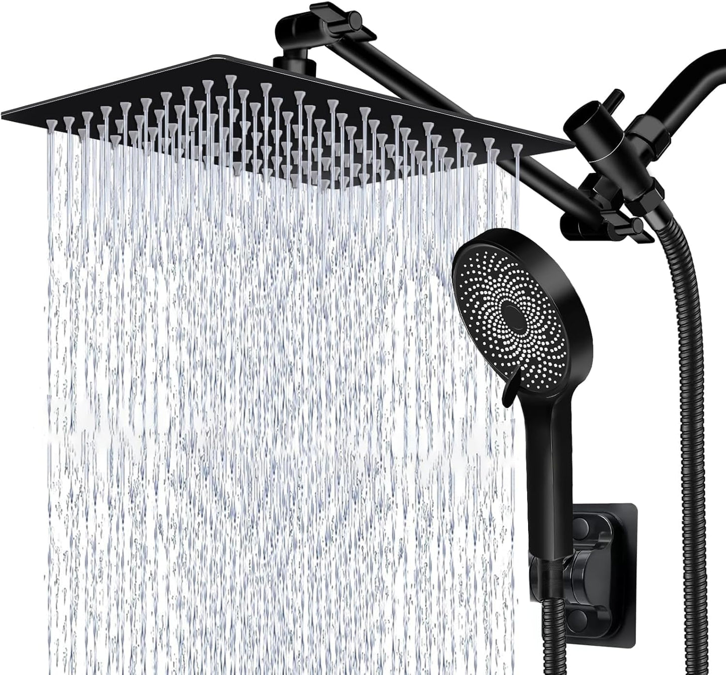 Shower Head,10 Inch High Pressure Rain Shower Head with Handheld Spray Combo, Adjustable Dual Rainfall Shower Head - Showerhead Comb Set with Extension Arm - 60 Inch Long Shower Hose（Black）