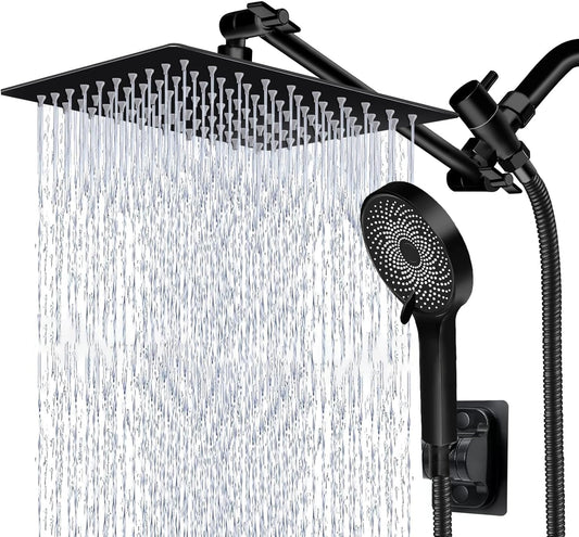 Shower Head,10 Inch High Pressure Rain Shower Head with Handheld Spray Combo, Adjustable Dual Rainfall Shower Head - Showerhead Comb Set with Extension Arm - 60 Inch Long Shower Hose（Black）