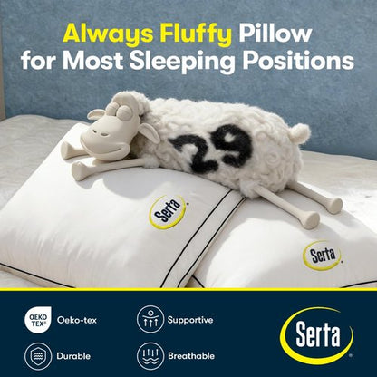 Serta Hotel Collection Bed Pillows Queen/Standard Size Set of 2, 400 Thread Count 100% Cotton Cover, Medium Firm, Support Gusseted Down Alternative Pillow for Back, Stomach or Side Sleepers, 18" x 26"