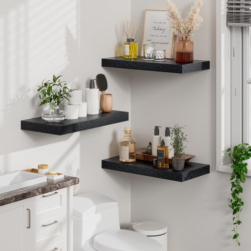 Heimlove 12" Deep Black Floating Shelves for Wall, 24 Inch Shelf Bathroom Shelves Set of 2, Mounted Shelves for Books Living Room Laundry Room Bedroom Kitchen Home Office