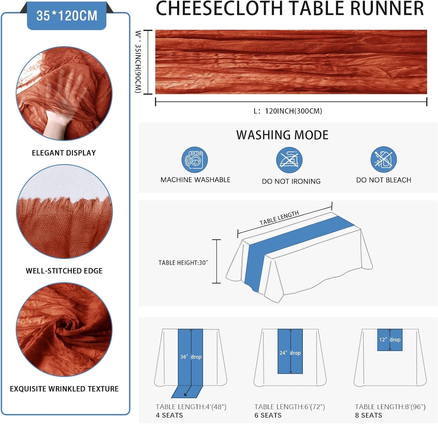 Skiennix Terracotta Cheesecloth Table Runner - 10 FT Long Semi-Sheer 35 x 120 Inch for Weddings & Events