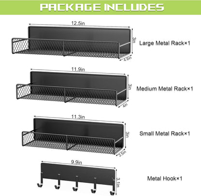 Skiennix Magnetic Shelves - Heavy-Duty Laundry Organizer with Hooks | 4 Pack, Black Storage Solution