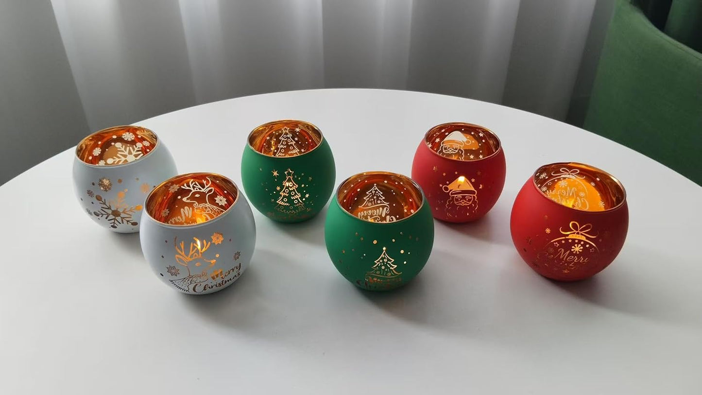 Skiennix Christmas Votive Candle Holder Set - 6 Laser Engraved Designs for Festive Table Decor