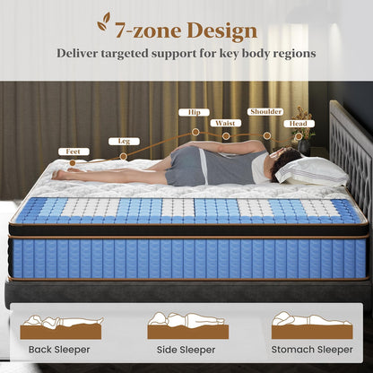 Queen Mattress - 12 Inch Cooling Hybrid Bed in a Box | 7-Zone Pocket Spring for Motion Isolation & Support