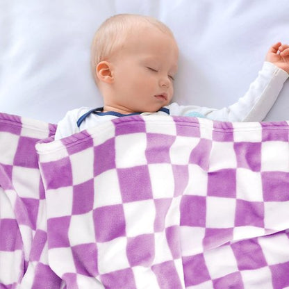 GreatBba Plush Checkered Baby Blanket for Boys Girls Nursery, 30"*40" Warm Short Fleece Blanket Neutral for Infant Newborn, Small Fuzzy for Sleeping, Chenille or Stroller (Purple&White)