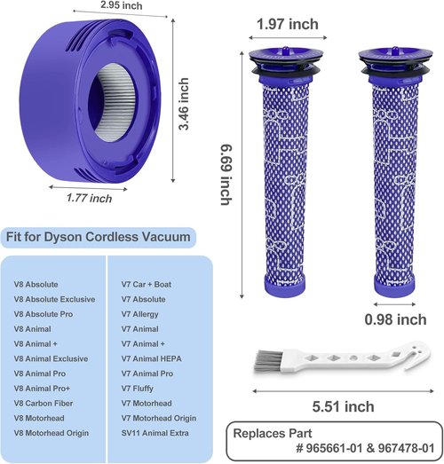 Dyson Vacuum Filter Replacement Kit - 4 Pack for V7, V8 Animal & Absolute | Includes 2 Pre & 2 Post Filters