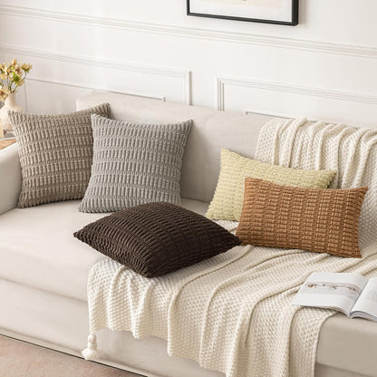 MIULEE Corduroy Throw Pillow Covers - Soft Boho Striped Design | 18x18 Inch, Brown, Perfect for Home Decor
