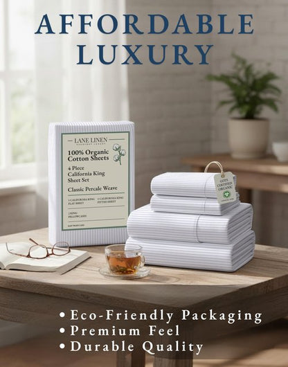LANE LINEN 100% Organic Cotton Printed California King Sheets Set, 4-Piece All Season Fully Elasticized Deep Pocket Fits Mattress Upto 15", Mercerized Printed Cal King Sheet Set -Ticking Stripe Blue