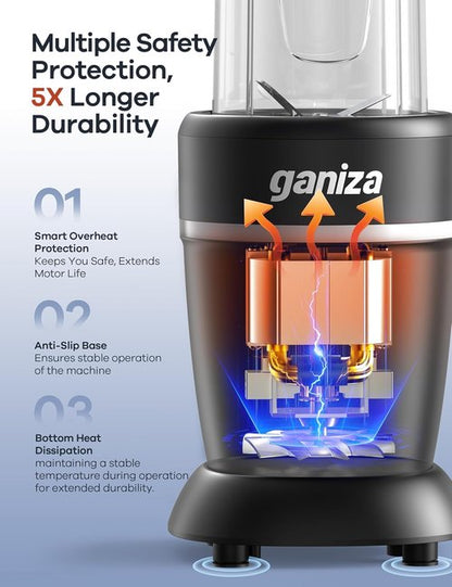 Ganiza Blender - 14-Piece Smoothie Maker with 1300W Power | Portable Ice Crushing & Grinding, 2 Cups Included