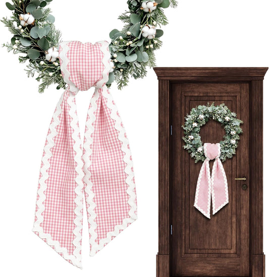 Regine Switzerland Easter Wreath Bow - Pink Buffalo Plaid Ribbon for Front Door & Baby Showers
