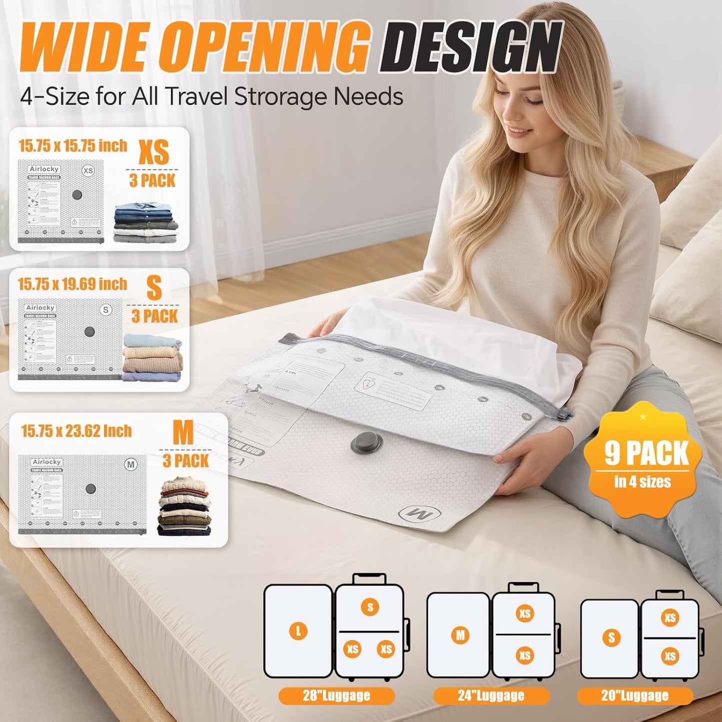 Skiennix Travel Vacuum Storage Bags - 9 Pack Compression Packing Bags with Portable Electric Pump | 80% Space Saver for Luggage