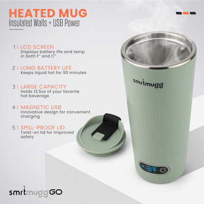 SmrtMugg GO Heated Coffee Mug, Travel Mug, 13.5 OZ. Smart Mug, Battery Powered Heated Coffee Mug, Great for Coffee and Tea, Snap on Magnetic Charging Cord, New and Improved (Mint Green)