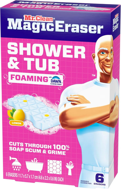Mr. Clean Magic Eraser Sponge - Powerful Soap Scum Remover for Bathroom & Shower | 6 Count with Lemon Scent