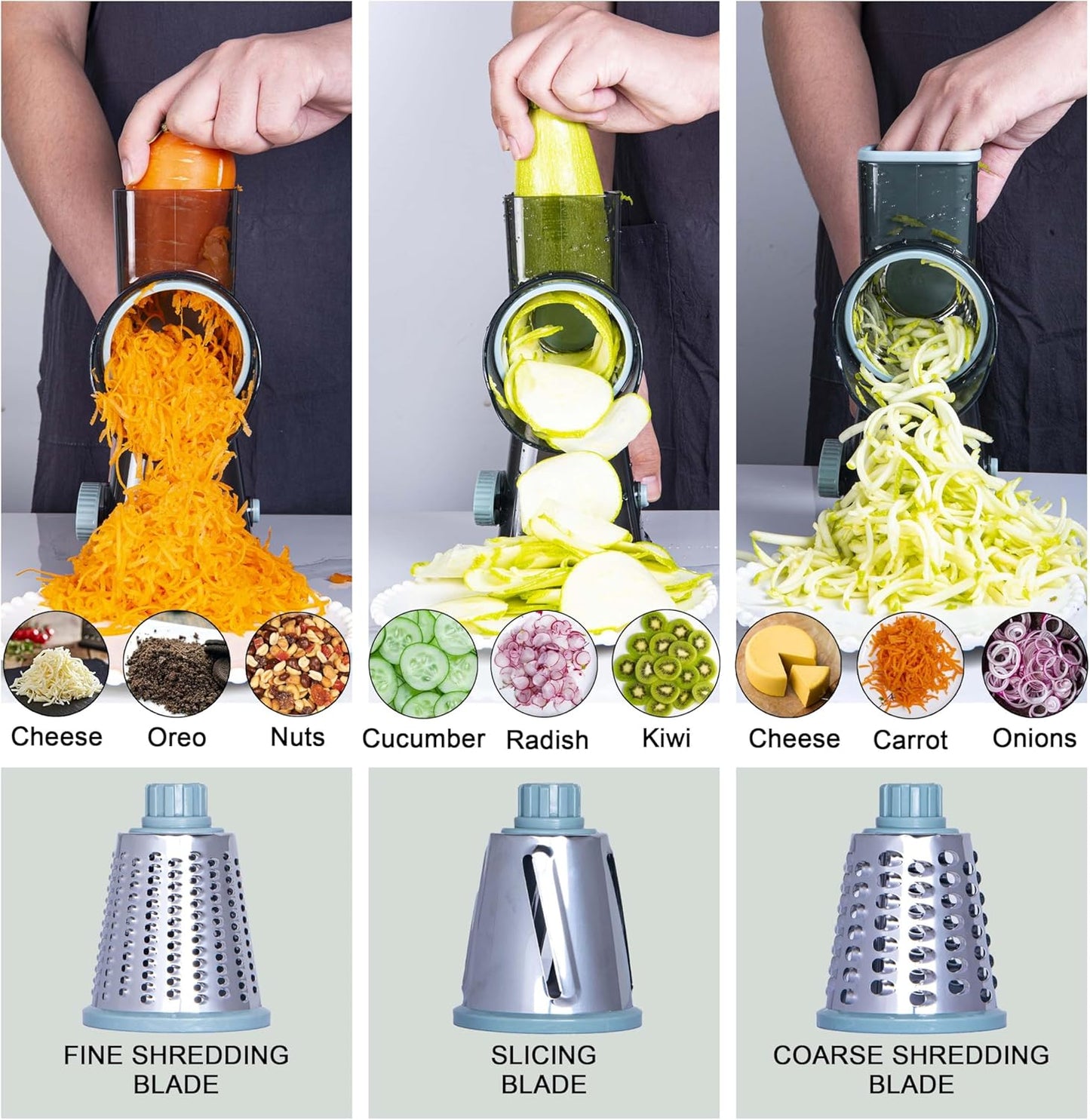 Rotary Cheese Grater by [Brand Name] - Handheld Cheese Shredder with Strong Suction Base | 3 Stainless Drum Blades, Easy to Clean (Blue)