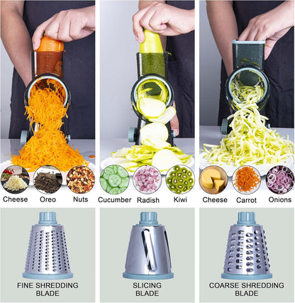 Rotary Cheese Grater by [Brand Name] - Handheld Cheese Shredder with Strong Suction Base | 3 Stainless Drum Blades, Easy to Clean (Blue)