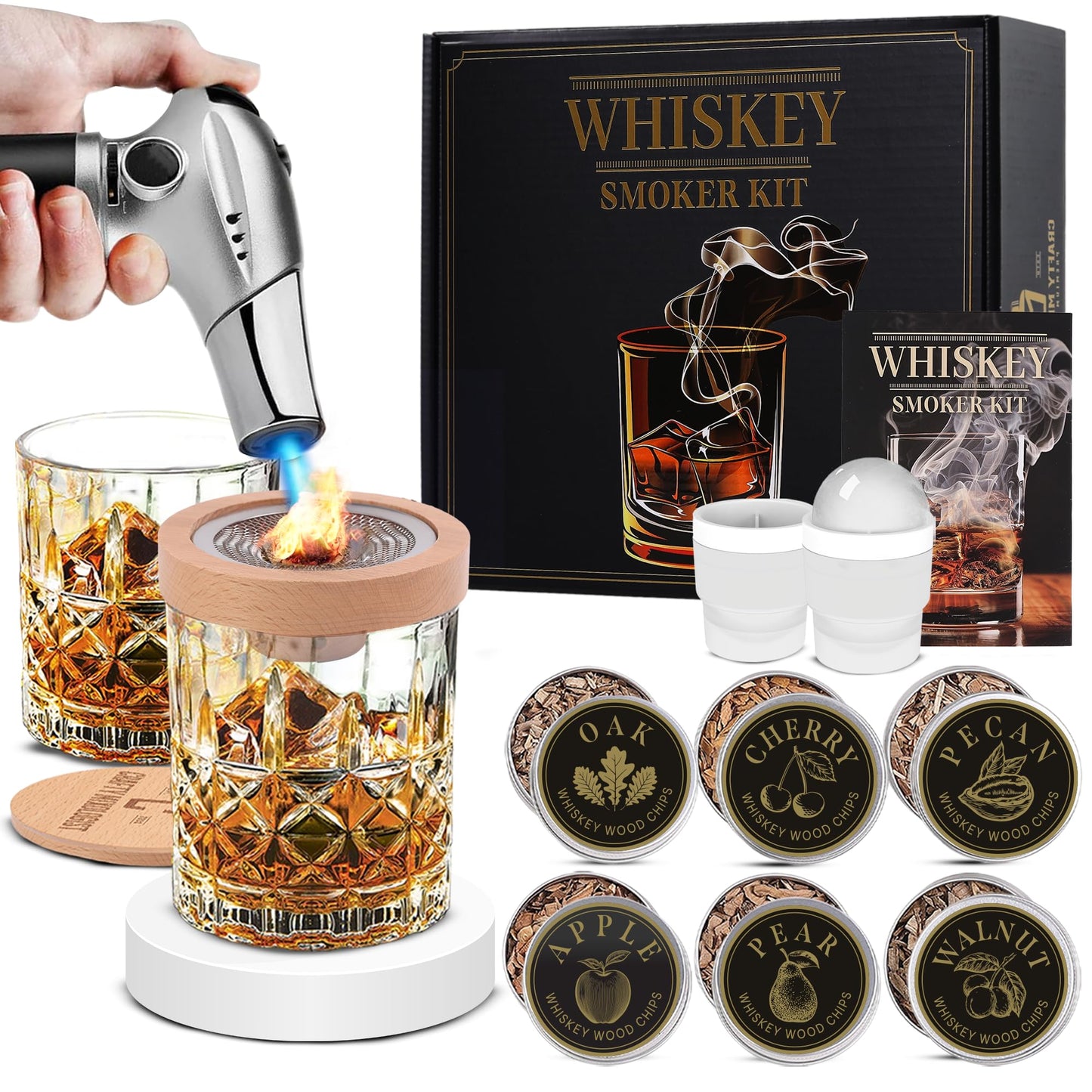 Whiskey Smoker Kit with Torch, Cocktail Smoker Kit, Smoked Old Fashioned Set, Bourbon Whiskey Gifts for Men with Glasses, No Butane Included
