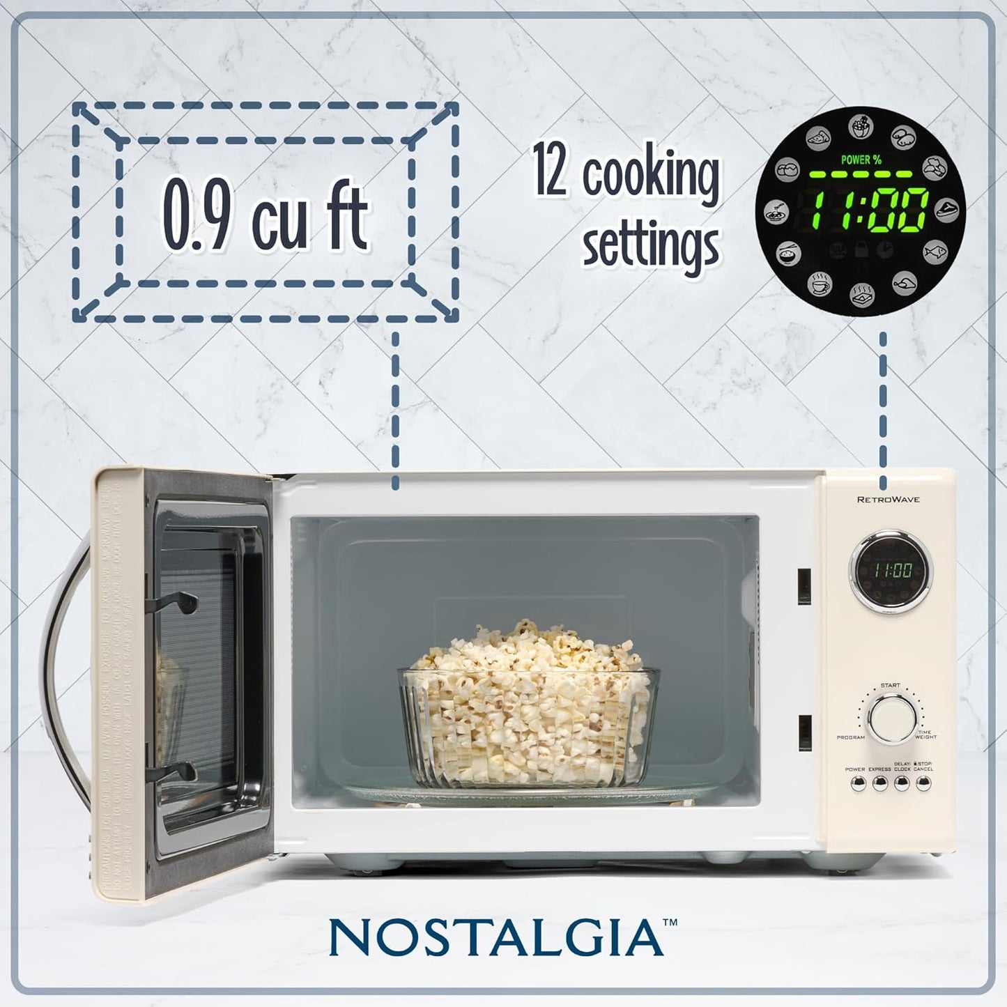 Nostalgia Retro Microwave Oven - 800-Watt Power - 0.9 Cu Ft - 12 Cooking Settings - Ivory Finish