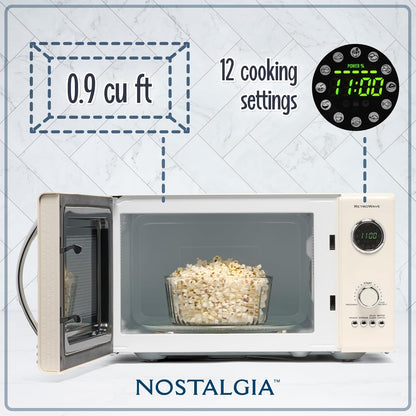 Nostalgia Retro Microwave Oven - 800-Watt Power - 0.9 Cu Ft - 12 Cooking Settings - Ivory Finish