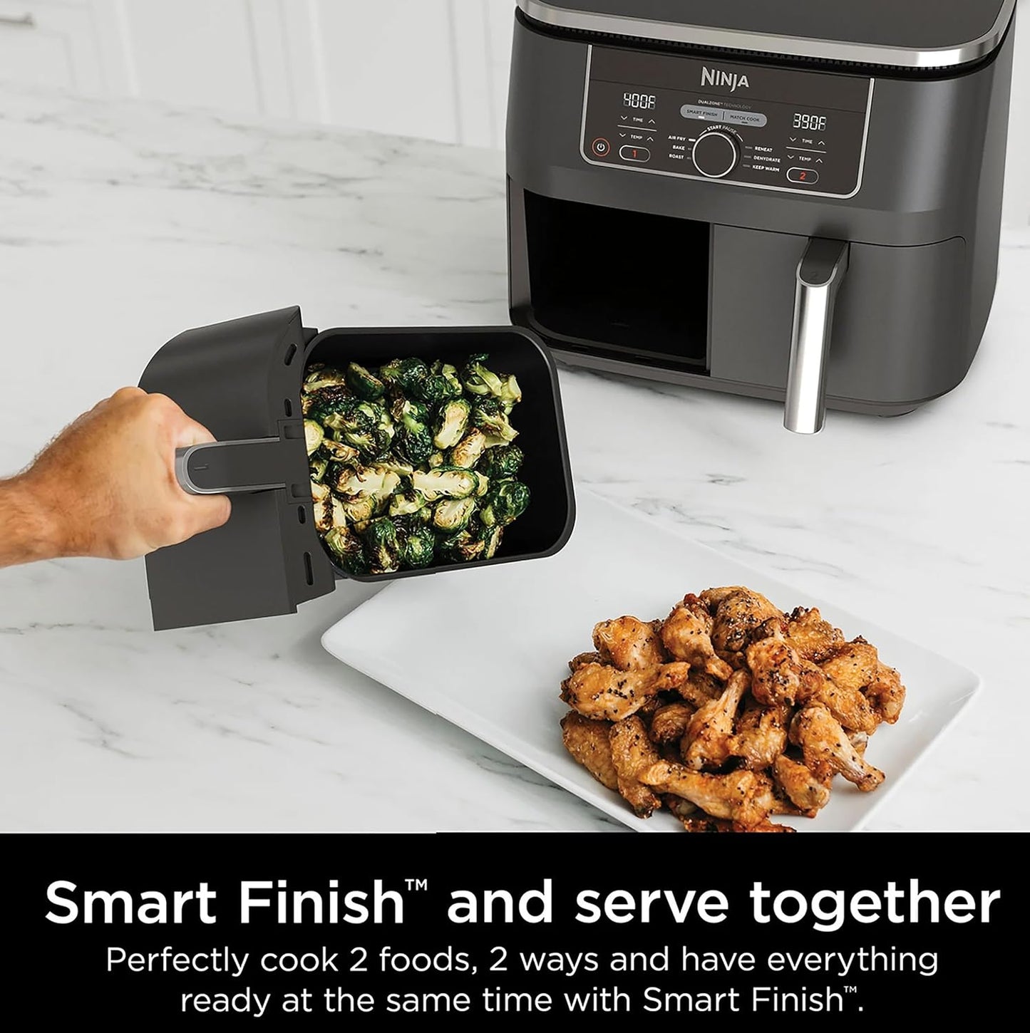 Ninja AD150 Foodi 8 Quart DualZone Air Fryer - 6-in-1 with 2 Baskets for Quick, Easy Meals - Black (Renewed)