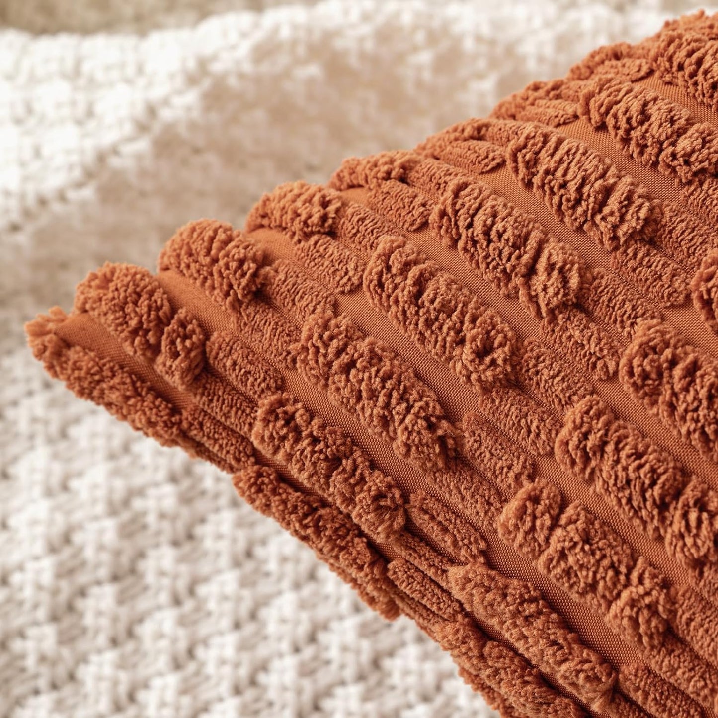 MIULEE Decorative Pillow Covers - Pack of 2 Soft Dark Rust Corduroy | 18x18 Inch Boho Striped Design for Modern Farmhouse Decor