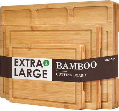 Kikcoin Bamboo Cutting Boards Set - Heavy Duty Kitchen Chopping Boards with Juice Groove & Compartments (3-Piece)