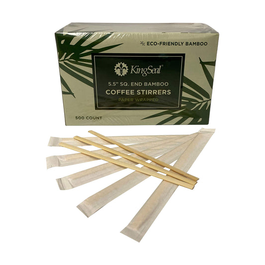 KingSeal Individually Paper Wrapped Bamboo Coffee Stir Sticks, 5.5 inches, Square End, 100% Renewable and Biodegradable - 2 Boxes of 500 Stirrers Each