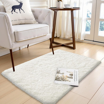 OLANLY Soft Fluffy Shaggy Bedside Rug - Machine Washable 2x3 Ivory Entryway Carpet for Kids & Nursery
